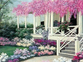 Spring Is In The Air, gardens, porch, flowers, landscaped, serenity HD wallpaper