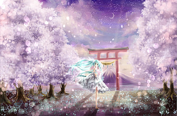 Hatsune Miku, night, awesome, nice, petals, hatsune, aqua eyes, white, gate, girl, aqua, purple, anime, pretty, night sky, cute, vocaloid, dress, beauty, shrine, miku, moon, vocaloids, road, majestic, sakura trees, beautiful, diva, pink, cherry blossom trees, aqua hair, cool, sky, idol HD wallpaper