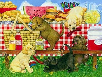 Puppies Picinic, lemonade, checkered, summer, table, white, time, red, cloth HD wallpaper