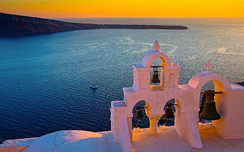 Bells of Santorini at dusk, greece, sea, architecture, bells, dusk, ancient, beauty, Mediterranean, seascape, view, Aegean sea, santorini, ocean, sunset HD wallpaper