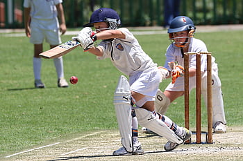 Young cricketers playing with focus and skill on a sunny outdoor field. HD wallpaper