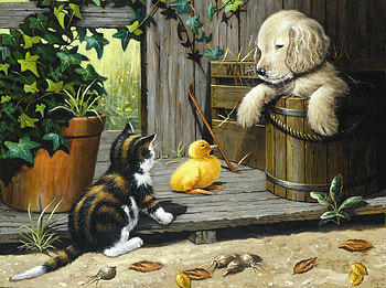 A new friend, dog, kitten, art, kevin walsh, cute, cat, pisica, puppy, painting, pictura, duckling HD wallpaper