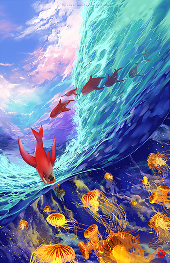 Art, Waves, Jellyfish, Fishes, Ocean, Underwater World HD phone wallpaper