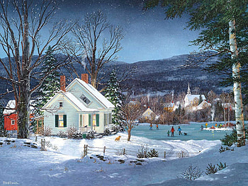 Skating Party, house, ice, snow, winter, painting, trees HD wallpaper