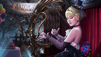 Magical music, harfa, harpa, instrument, frumusete, fantasy, lira, girl, bahadir parildar hadi HD wallpaper