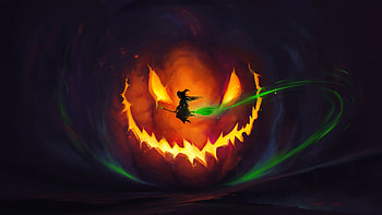 2019 Halloween, witch, flight, pumpkin glow, art HD wallpaper