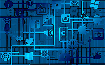 social media concepts, blue social media background, social media icons, background with social media logos, blue technology background HD wallpaper