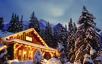 Christmas Cabin, winter lights, snow, house, loghut, nature, forest HD wallpaper