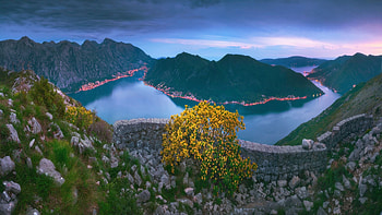 Montenegro, Kotor Bay, mediterranean, clouds, landscape, trees, sky, water, forest, island, stones, wall HD wallpaper