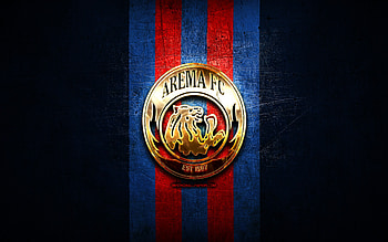 Arema FC, golden logo, Indonesia Liga 1, blue metal background, football, Indonesian football club, Arema FC logo, soccer, FC Arema HD wallpaper