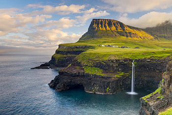 Faroe Islands, sea, clouds, waterfall, sky, cliff, hill HD wallpaper