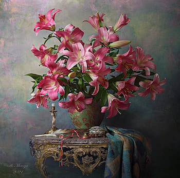 Still life with lily, Candle, Pen, Vase, Box HD wallpaper