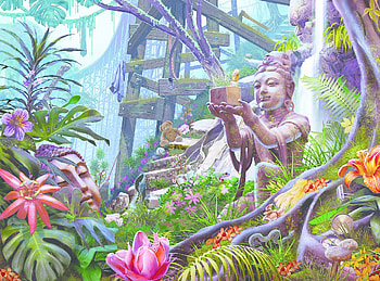 Hope diamond, pink, fantasy, flower, green, jungle, luminos, statue HD wallpaper