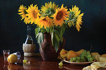 Sunflowers, still life, vase, fruits, bottle HD wallpaper