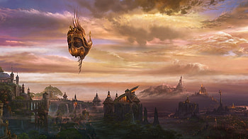 Flying ship, ship, fantasy, uchio kazumasa, world, sky, luminos, orange, cloud HD wallpaper