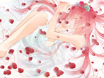 Just Be Friends, white, luka, bed, vocaloid, dress, rose, pink, pretty, petals, crying, megurine HD wallpaper