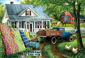 Countryside Living, barn, hens, quilts, painting, house, car, trees HD wallpaper