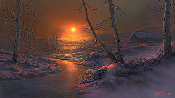 Birch trees, winter, river, frozen, orange, tree, fel x, fantasy, iarna, luminos, sunset HD wallpaper