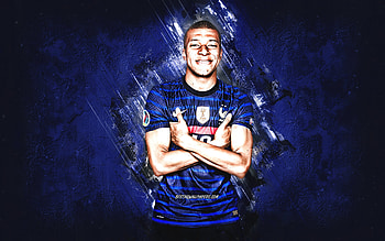 Kylian Mbappe, France national football team, French footballer, portrait, grunge art, blue stone background, football, France HD wallpaper