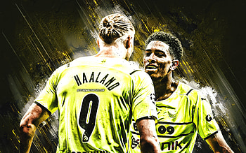 Erling Braut Haaland, Jude Bellingham, BVB, portrait, Borussia Dortmund, Bundesliga, Germany, yellow stone background, football HD wallpaper