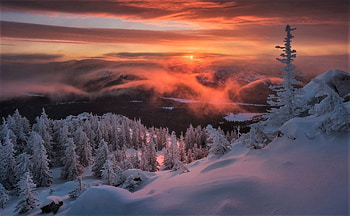 veil of mist at dawn, winter, fog, mountains, snow HD wallpaper