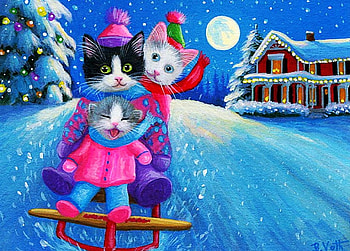 Moonlight Delight, winter, kitties, cats, tree, artwork, sleigh, painting, moon, snow, lights, christmas, funny, cottage, evening HD wallpaper