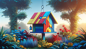 Colorful Bird Feeder in Enchanted Garden, bird feeder, bird house, colorful, flower, nature HD wallpaper