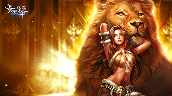 Beauty and the beast, golden, luminso, leu, frumusete, girl, lion, orange, beauty, fantasy, game HD wallpaper