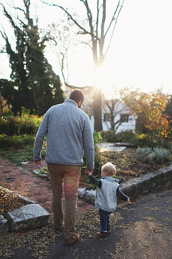 A heartwarming scene of a father and son walking hand in hand at sunset in a park. HD phone wallpaper