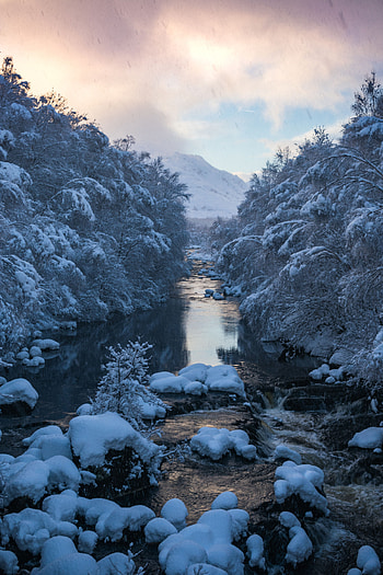 Nature, Rivers, Trees, Sky, Snow, Mountain, Flow HD phone wallpaper