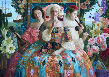 :), art, man, pictura, girl, people, olga suvorov, blue, flute, woman, instrument, painting HD wallpaper