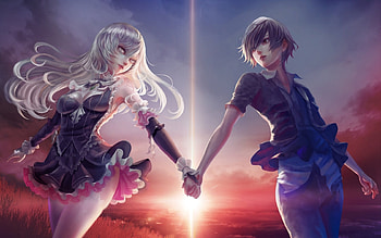 Sunset, coupel, man, girl, purple, anime, fantasy, luminos, manga, guy HD wallpaper
