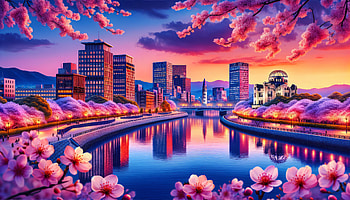 Hiroshima Cherry Blossom Twilight -, hiroshima, cityscape, cherry blossom, river HD wallpaper