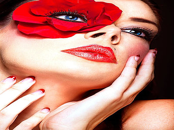 FLOWERED EYES, model, flower, red, eyes, lips, pretty face, female HD wallpaper