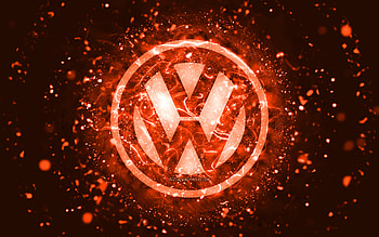 Volkswagen orange logo, , orange neon lights, creative, orange abstract background, Volkswagen logo, cars brands, Volkswagen HD wallpaper