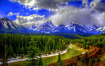MOUNTAIN RIVER, river, High definition, rail road, , forests, mountains HD wallpaper