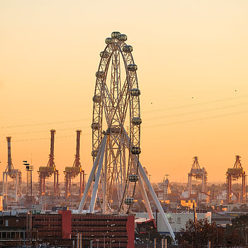 Cities, Sunset, City, Ferris Wheel, Attraction, Port HD phone wallpaper