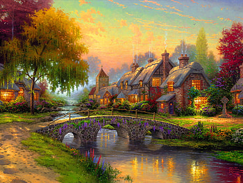 Rural tranquility, tranquility, river, creek, peaceful, country, houses, rustic, beauty, reflection, rural, bridge, trees, peace, water, sunset HD wallpaper