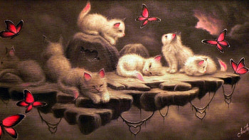 Kittens and butterflies, cute, cat, kitten, white, art, brown, pink, butterfly, pisici, painting, pictura HD wallpaper