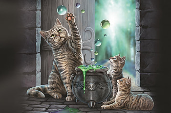 :), halloween, fantasy, pisici, art, green, cat, witch, pot, paw HD wallpaper