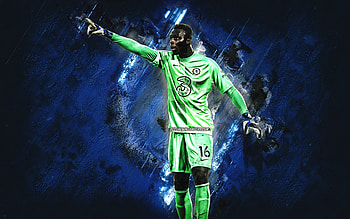 Edouard Mendy, Chelsea FC, Senegalese footballer, goalkeeper portrait, blue stone background, Premier League, soccer, England HD wallpaper