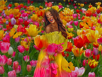 Sunny Yellow Ladies 10, colorful, vibrant, girl, butterflies, brown, pink, vivid, green, bright, yellow, red, bold, flowers HD wallpaper