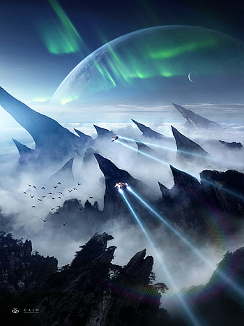 Landscape, Birds, Art, Shining, Rocks, Fog, Aurora, Spaceship, Extraterrestrial HD phone wallpaper