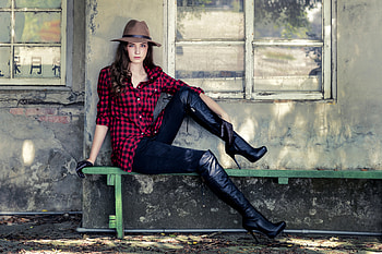 Cowgirl Relaxing, bench, cowgirl, high heels, brunette HD wallpaper