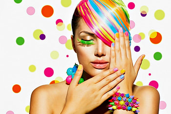 Beauty, blue, colorful, white, model, girl, dot, hand, anna subbotina, woman, pink, make-up, green, yellow, face HD wallpaper