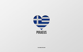 I Love Piraeus, Greek cities, Day of Piraeus, gray background, Piraeus, Greece, Greek flag heart, favorite cities, Love Piraeus HD wallpaper