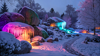 Winter Rock Garden with Colorful Illuminated Icicles, rock garden, winter, icicle, rocks HD wallpaper