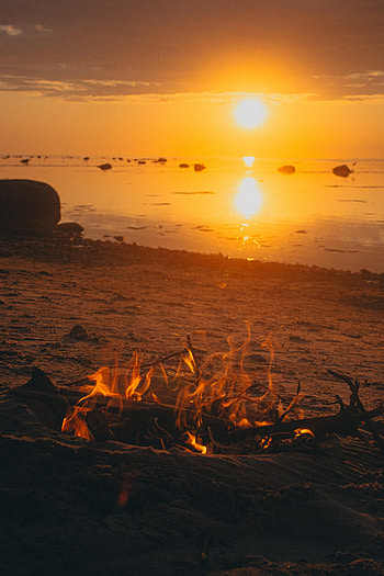Nature, Sunset, Bonfire, Sand, Coast HD phone wallpaper