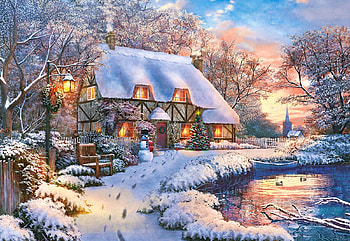 Winter Cottage, boat, snowman, artwork, painting, house, snow, trees, pond, bench HD wallpaper