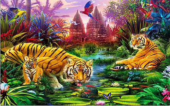 Tigers, tigru, jungle, water, parrot, art, tiger, bird, cub, painting, pictura HD wallpaper